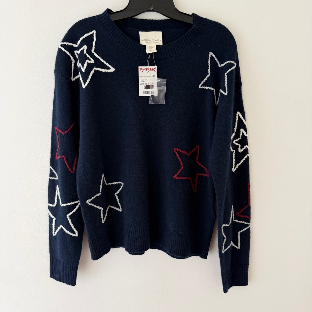 Cynthia Rowley 100% Cashmere Sweater M Navy Celestial Stars Indie Preppy